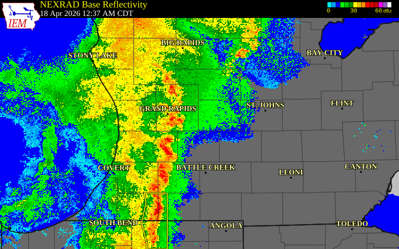 NEXRAD radar during the Saturday, April 18, 2026 storm activity in Ionia County, Michigan