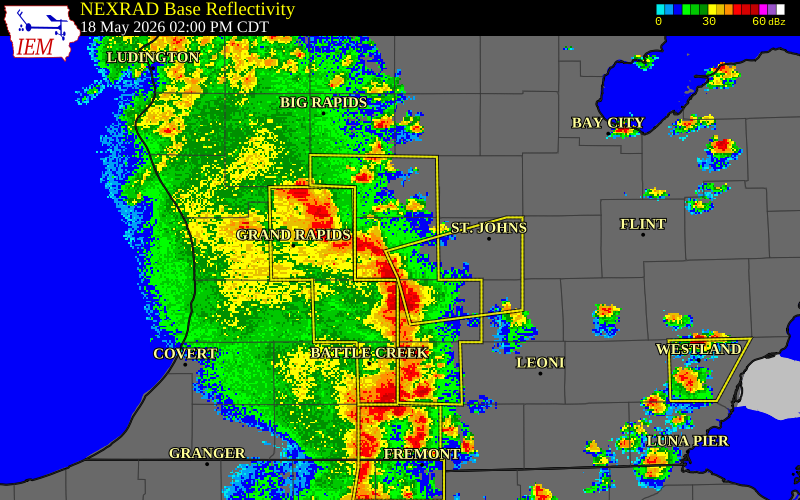 NEXRAD radar during the Monday, May 18, 2026 storm activity in Ionia County, Michigan