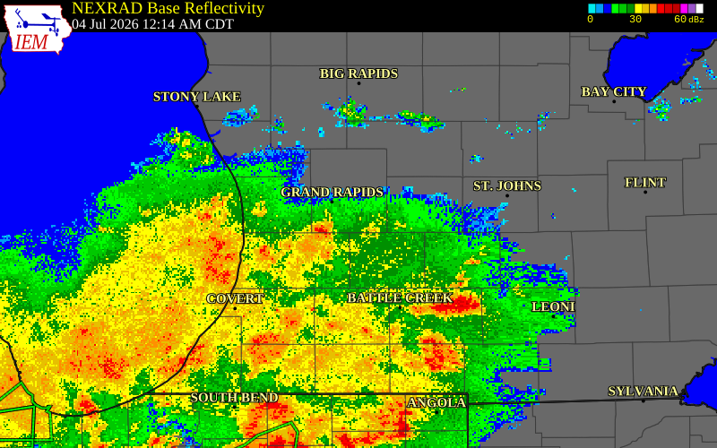 NEXRAD radar during the Saturday, July 4, 2026 storm activity in Ionia County, Michigan
