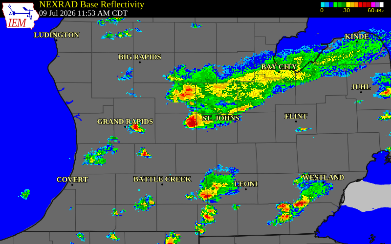 NEXRAD radar during the Thursday, July 9, 2026 storm activity in Ionia County, Michigan