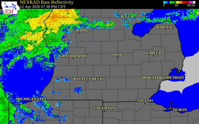 Radar snapshot during the Apr 12, 2026 hail event near Portland, Ionia County, Michigan, with NWS warning polygons