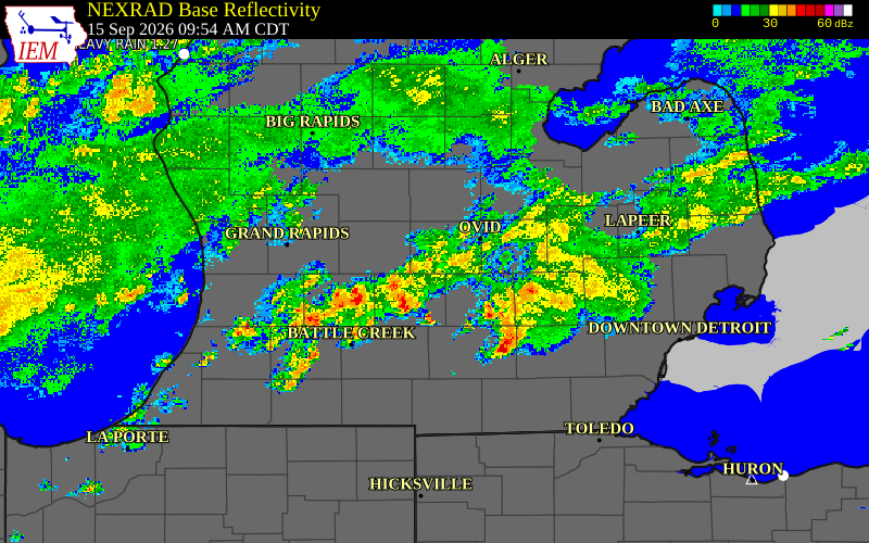 Current NEXRAD radar over Ionia County, Michigan with recent storm report locations