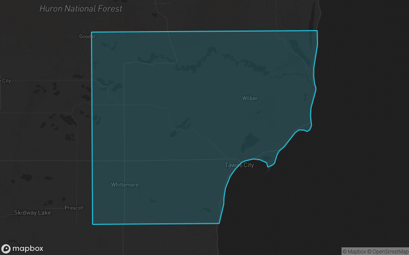 Map of Iosco County, Michigan showing the county boundary and surrounding cities
