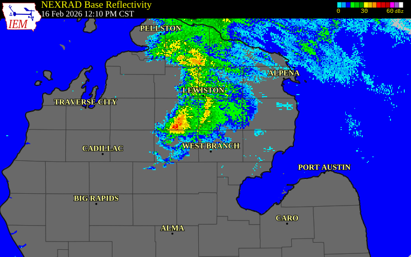 NEXRAD radar during the Monday, February 16, 2026 storm activity in Iosco County, Michigan