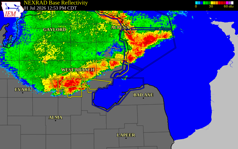 NEXRAD radar during the Wednesday, July 1, 2026 storm activity in Iosco County, Michigan