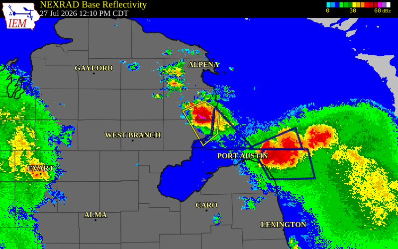 NEXRAD radar during the Monday, July 27, 2026 storm activity in Iosco County, Michigan