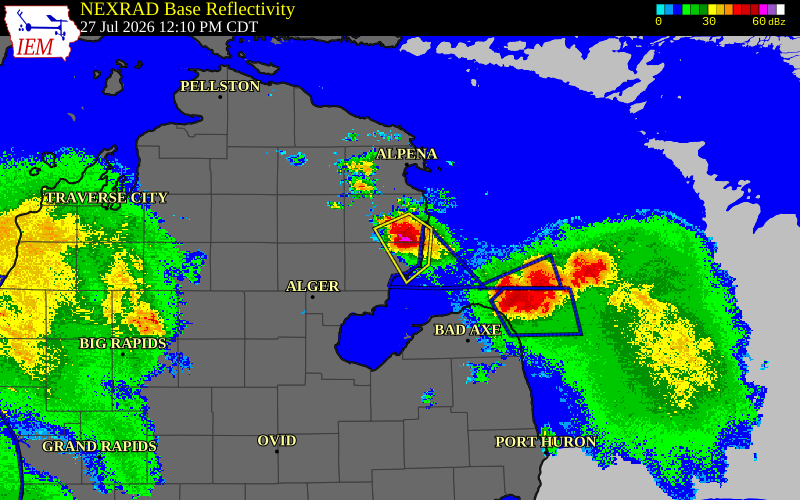 Radar snapshot during the Jul 27, 2026 hail event near 5 N Wilber, Iosco County, Michigan, with NWS warning polygons