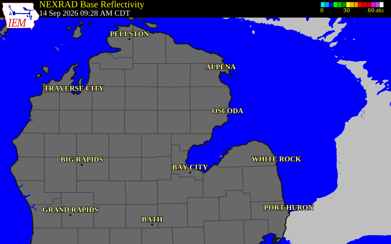 Current NEXRAD radar over Iosco County, Michigan with recent storm report locations