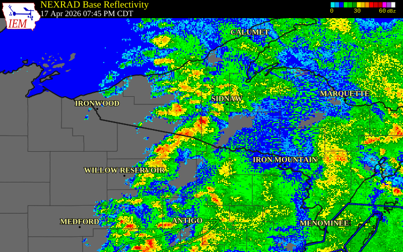 NEXRAD radar during the Friday, April 17, 2026 storm activity in Iron County, Michigan