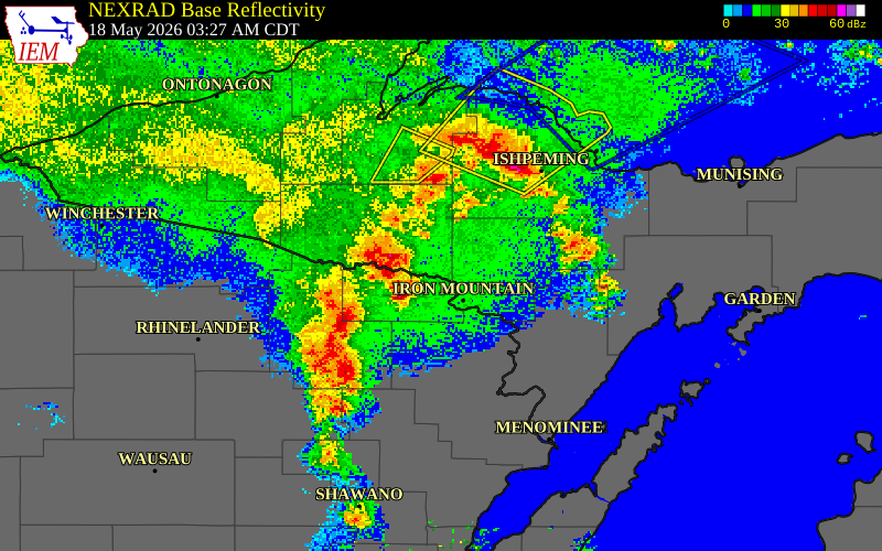 NEXRAD radar during the Monday, May 18, 2026 storm activity in Iron County, Michigan