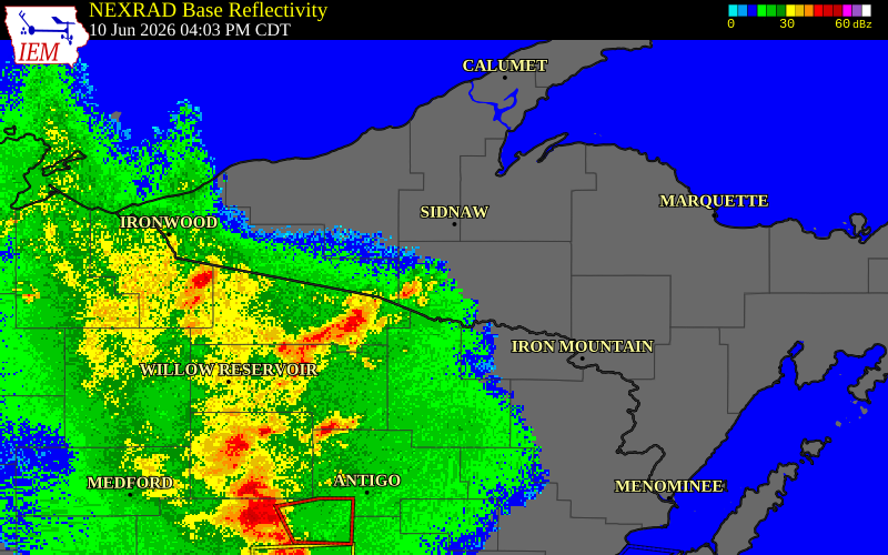 NEXRAD radar during the Wednesday, June 10, 2026 storm activity in Iron County, Michigan