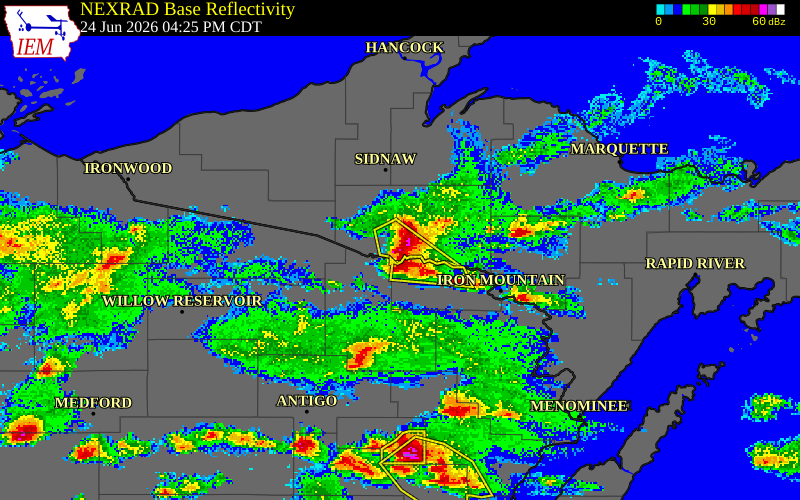 NEXRAD radar during the Wednesday, June 24, 2026 storm activity in Iron County, Michigan