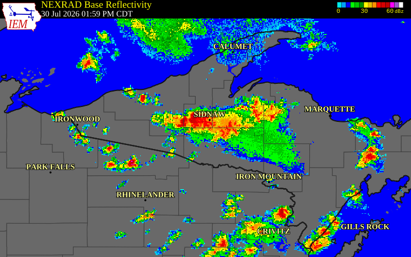 NEXRAD radar during the Thursday, July 30, 2026 storm activity in Iron County, Michigan