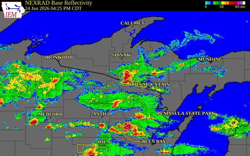 Radar snapshot during the Jun 24, 2026 hail event near Caspian, Iron County, Michigan, with NWS warning polygons