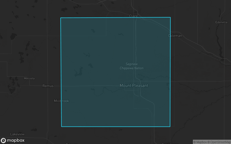 Map of Isabella County, Michigan showing the county boundary and surrounding cities