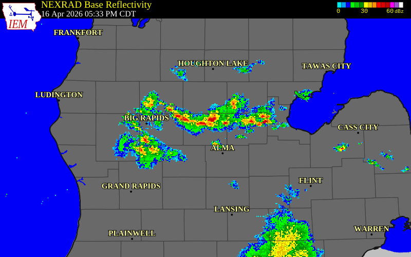 NEXRAD radar during the Thursday, April 16, 2026 storm activity in Isabella County, Michigan