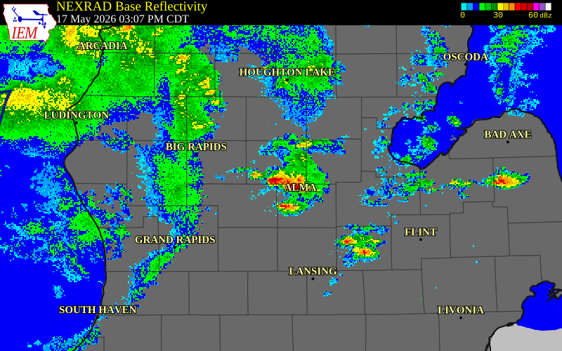 NEXRAD radar during the Sunday, May 17, 2026 storm activity in Isabella County, Michigan