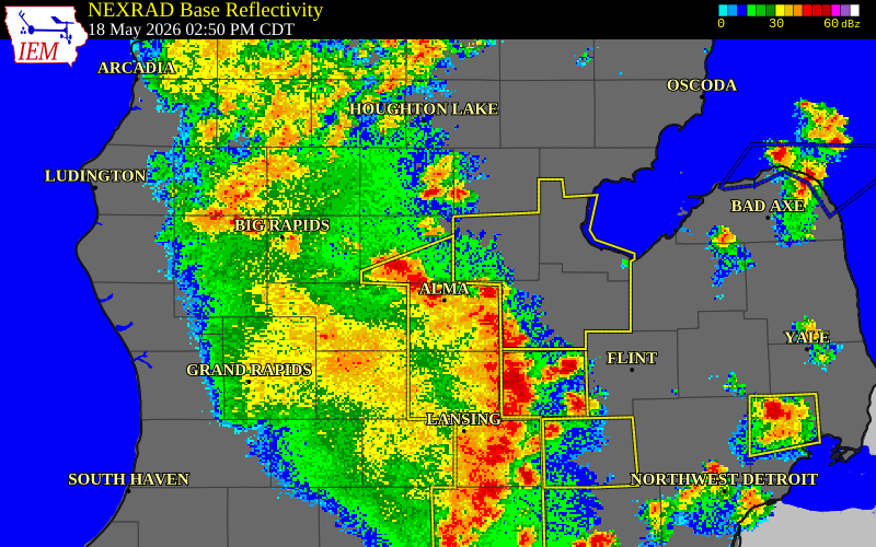 NEXRAD radar during the Monday, May 18, 2026 storm activity in Isabella County, Michigan