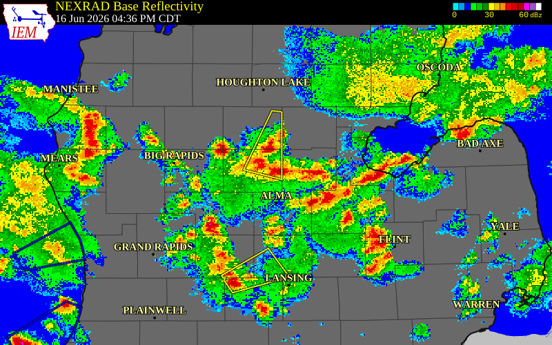 NEXRAD radar during the Tuesday, June 16, 2026 storm activity in Isabella County, Michigan