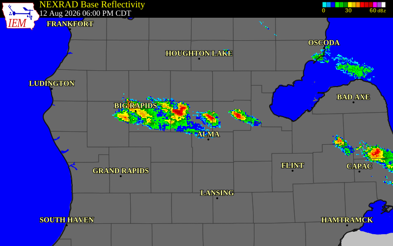 NEXRAD radar during the Wednesday, August 12, 2026 storm activity in Isabella County, Michigan
