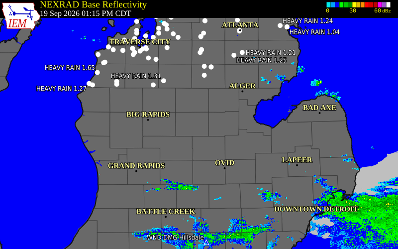 Current NEXRAD radar over Isabella County, Michigan with recent storm report locations