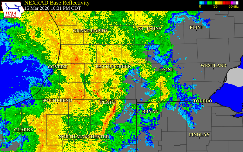 NEXRAD radar during the Sunday, March 15, 2026 storm activity in Jackson County, Michigan
