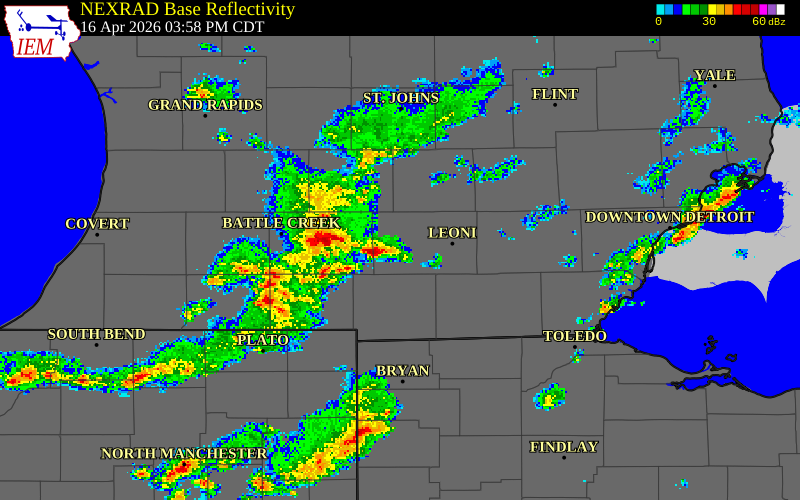 NEXRAD radar during the Thursday, April 16, 2026 storm activity in Jackson County, Michigan