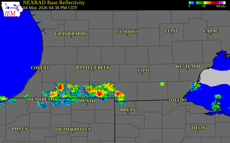 NEXRAD radar during the Monday, May 4, 2026 storm activity in Jackson County, Michigan