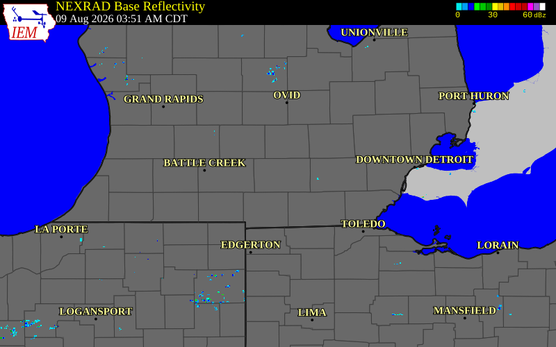 Radar snapshot during the Aug 9, 2026 wind event near 3 ENE Sandstone, Jackson County, Michigan, with NWS warning polygons