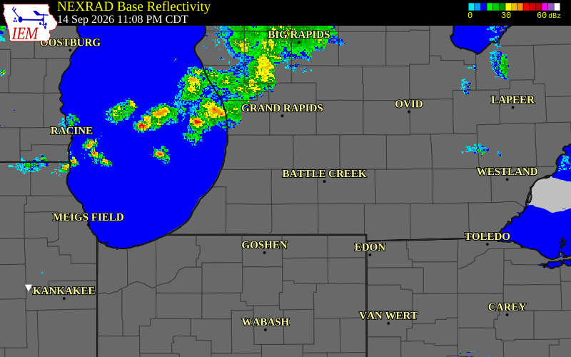 Current NEXRAD radar over Jackson County, Michigan with recent storm report locations
