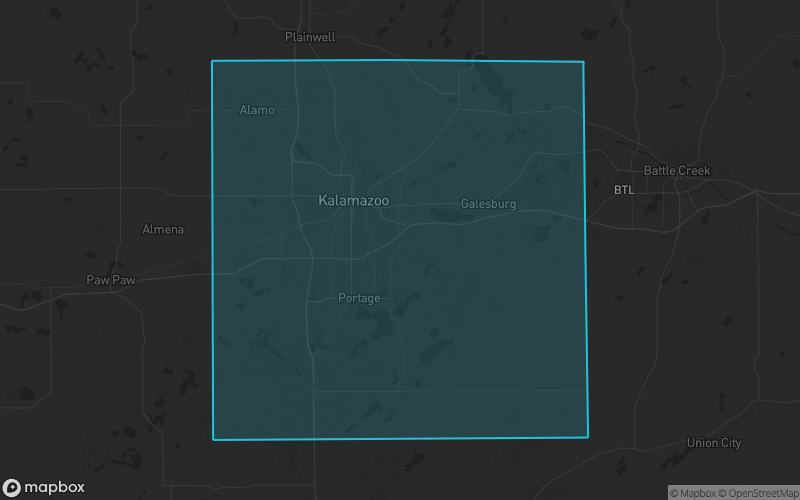 Map of Kalamazoo County, Michigan showing the county boundary and surrounding cities