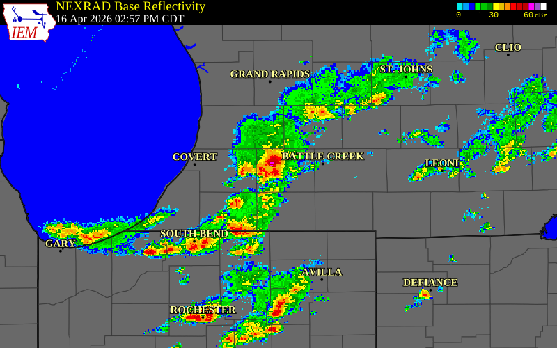 NEXRAD radar during the Thursday, April 16, 2026 storm activity in Kalamazoo County, Michigan