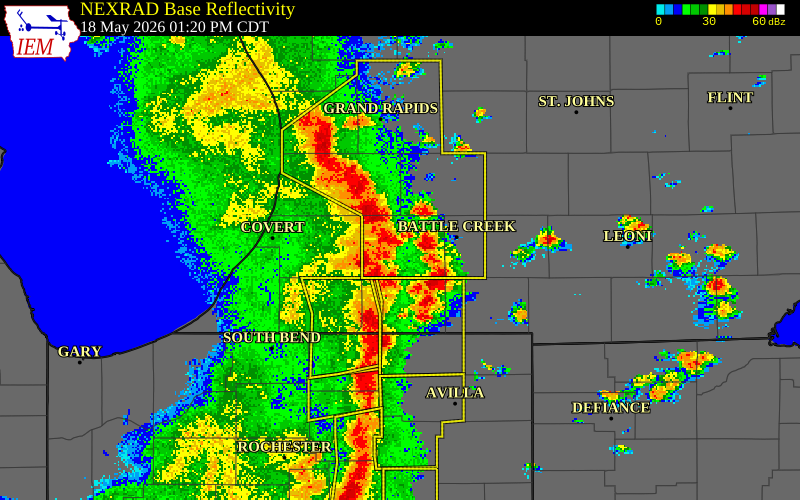 NEXRAD radar during the Monday, May 18, 2026 storm activity in Kalamazoo County, Michigan