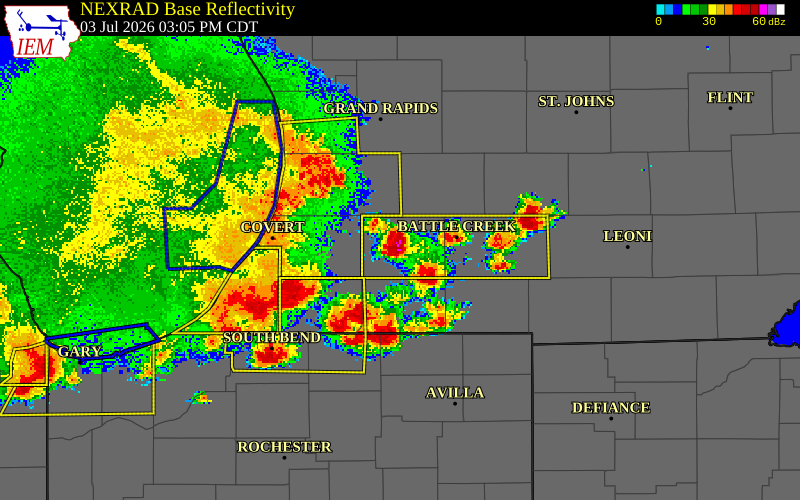 NEXRAD radar during the Friday, July 3, 2026 storm activity in Kalamazoo County, Michigan