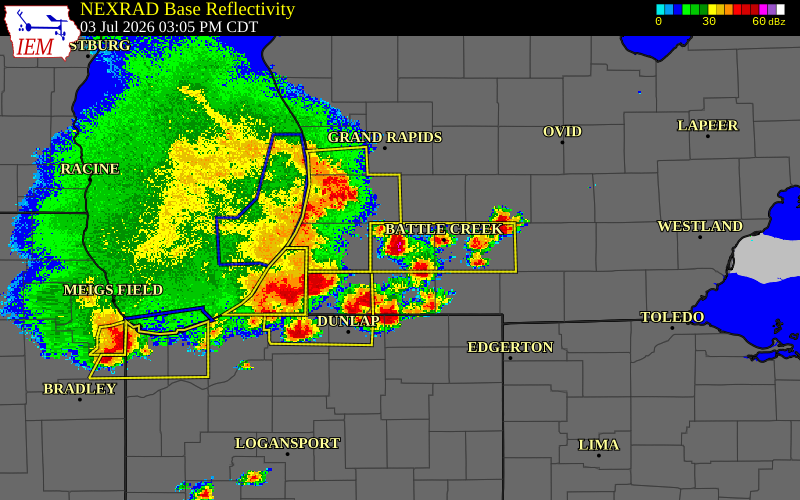 Radar snapshot during the Jul 3, 2026 wind event near 3 NE Portage, Kalamazoo County, Michigan, with NWS warning polygons