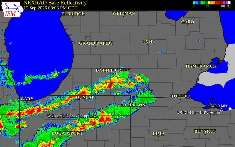 Current NEXRAD radar over Kalamazoo County, Michigan with recent storm report locations