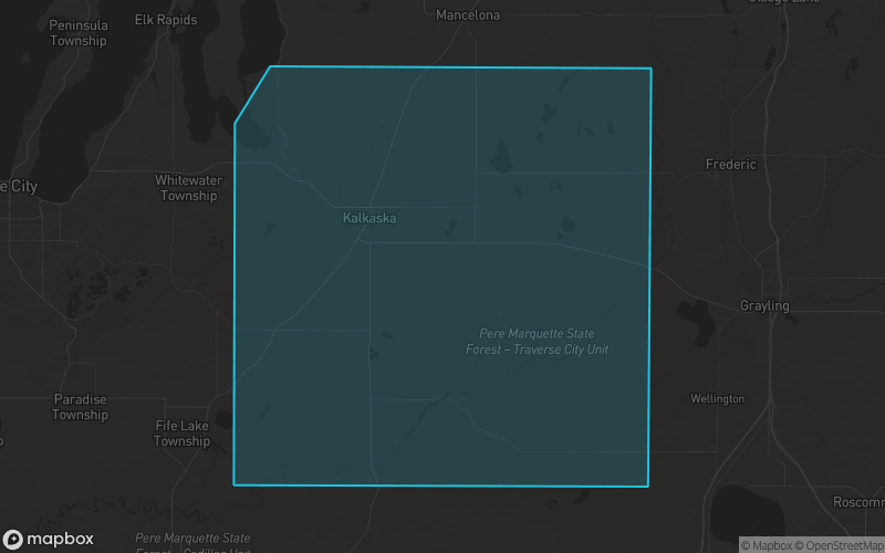 Map of Kalkaska County, Michigan showing the county boundary and surrounding cities