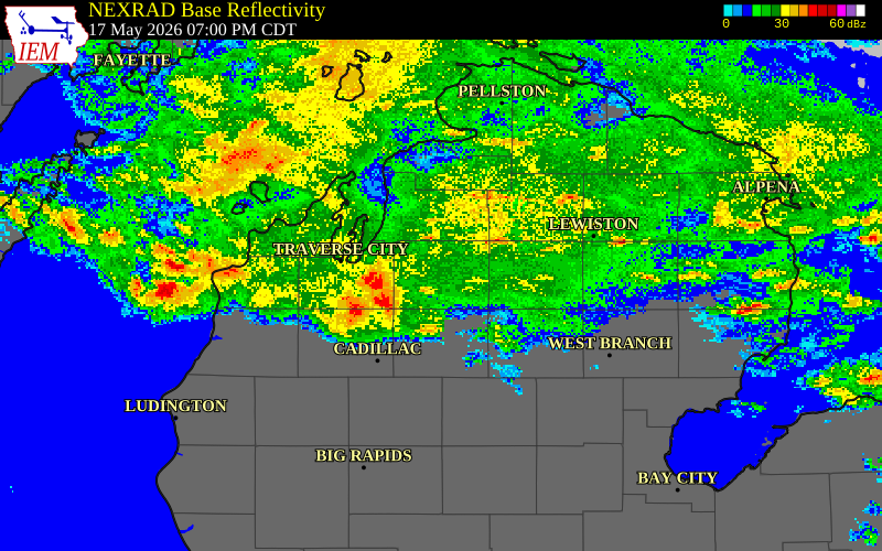 NEXRAD radar during the Sunday, May 17, 2026 storm activity in Kalkaska County, Michigan
