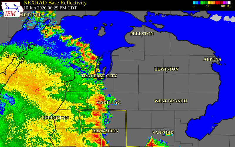 NEXRAD radar during the Wednesday, June 10, 2026 storm activity in Kalkaska County, Michigan