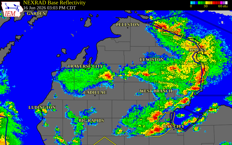 NEXRAD radar during the Tuesday, June 16, 2026 storm activity in Kalkaska County, Michigan