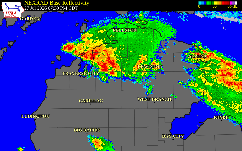NEXRAD radar during the Monday, July 27, 2026 storm activity in Kalkaska County, Michigan