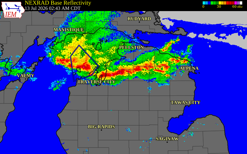Radar snapshot during the Jul 13, 2026 wind event near Kalkaska County, Kalkaska County, Michigan, with NWS warning polygons