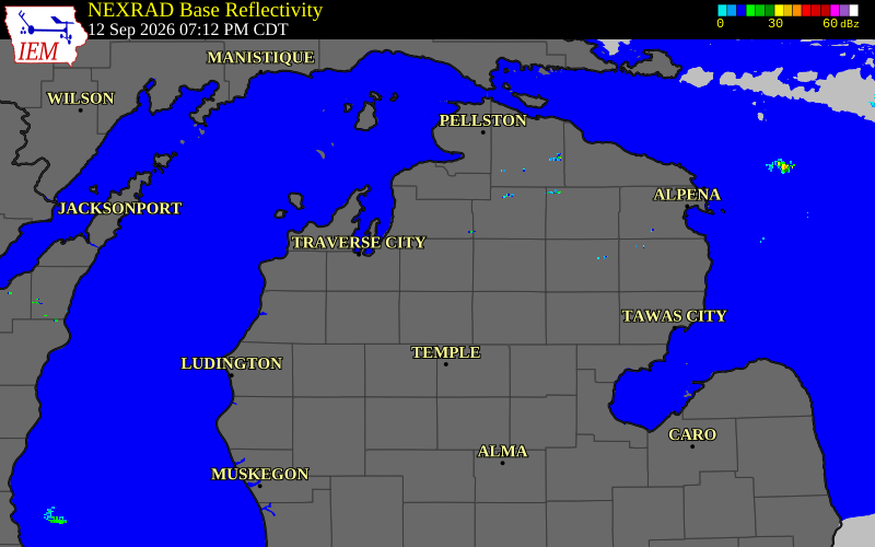 Current NEXRAD radar over Kalkaska County, Michigan with recent storm report locations