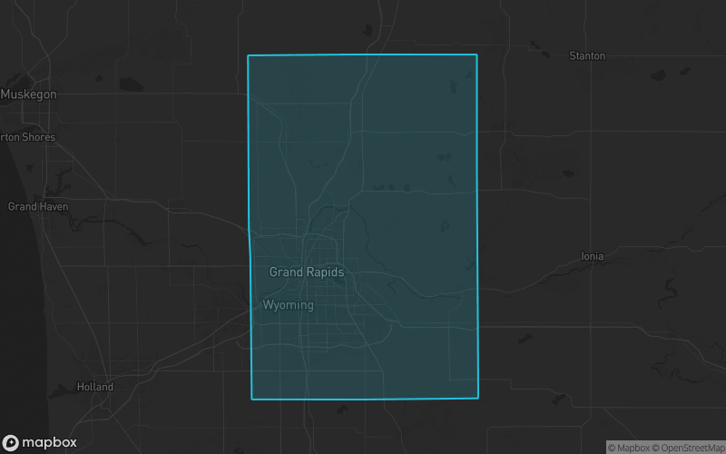 Map of Kent County, Michigan showing the county boundary and surrounding cities