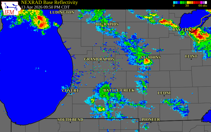 NEXRAD radar during the Monday, April 13, 2026 storm activity in Kent County, Michigan