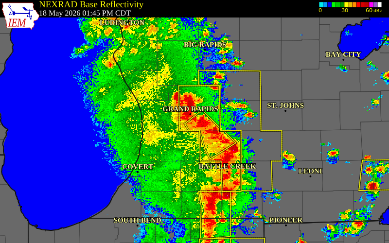 NEXRAD radar during the Monday, May 18, 2026 storm activity in Kent County, Michigan