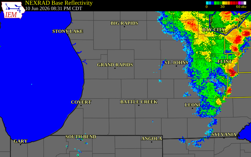NEXRAD radar during the Wednesday, June 10, 2026 storm activity in Kent County, Michigan