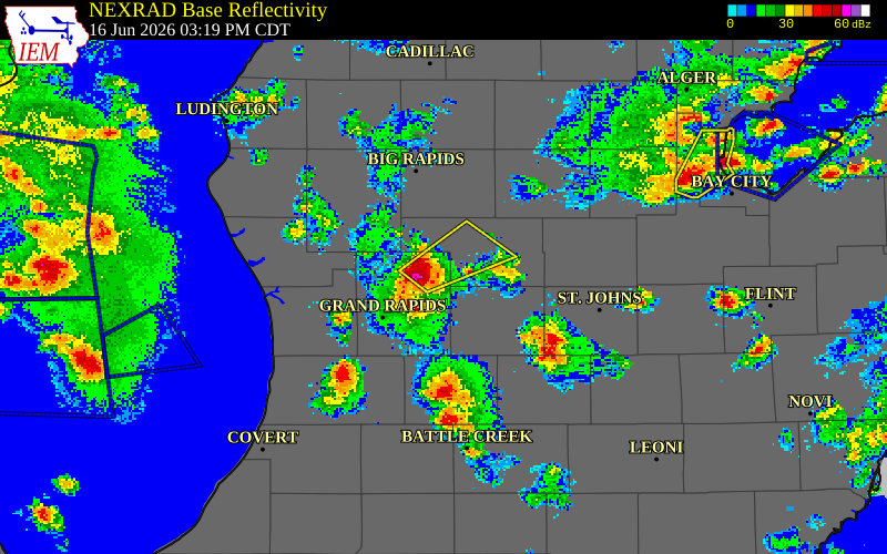 NEXRAD radar during the Tuesday, June 16, 2026 storm activity in Kent County, Michigan