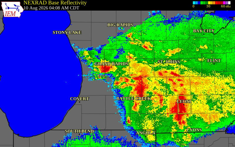 NEXRAD radar during the Monday, August 10, 2026 storm activity in Kent County, Michigan
