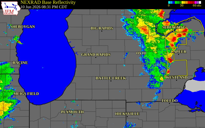 Radar snapshot during the Jun 10, 2026 tornado event near 2 ESE Caledonia, Kent County, Michigan, with NWS warning polygons